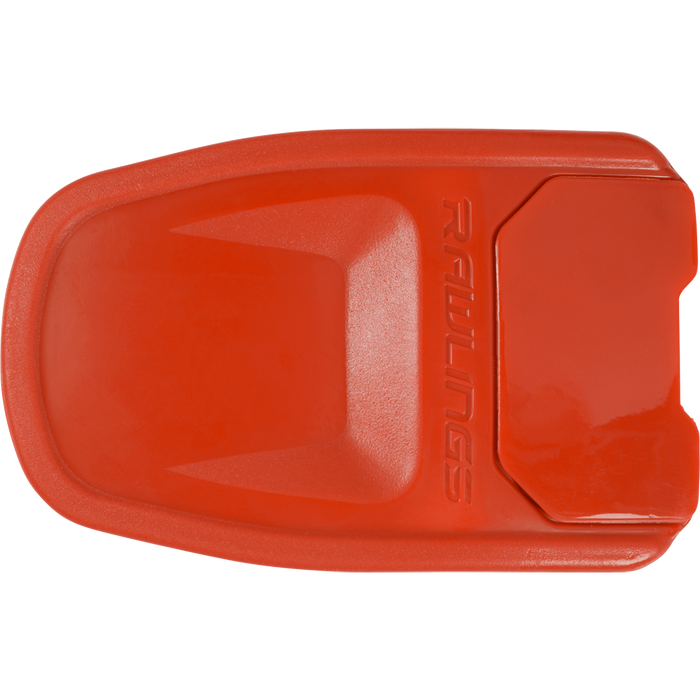 A bright red plastic sliding mitt with the Rawlings logo protects your hand on the bases—pair it with the Rawlings R16 Reverse Batting Helmet Extension (Jaw Guard): REVEXT for added safety.