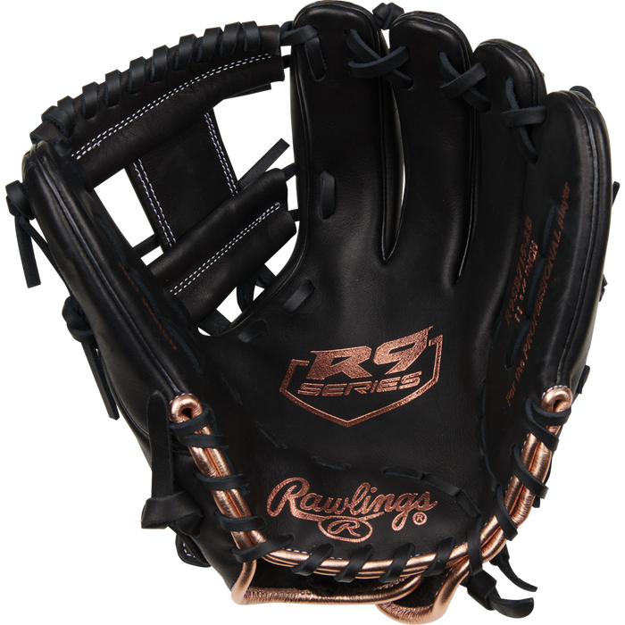 The Rawlings R9 11.75" Fastpitch Glove (R9SB715-2B) is a black, full-grain leather infield glove with brown stitching, “R9 Series” on the palm, prominent edge lacing, and is sized for fastpitch at 11.75 inches.