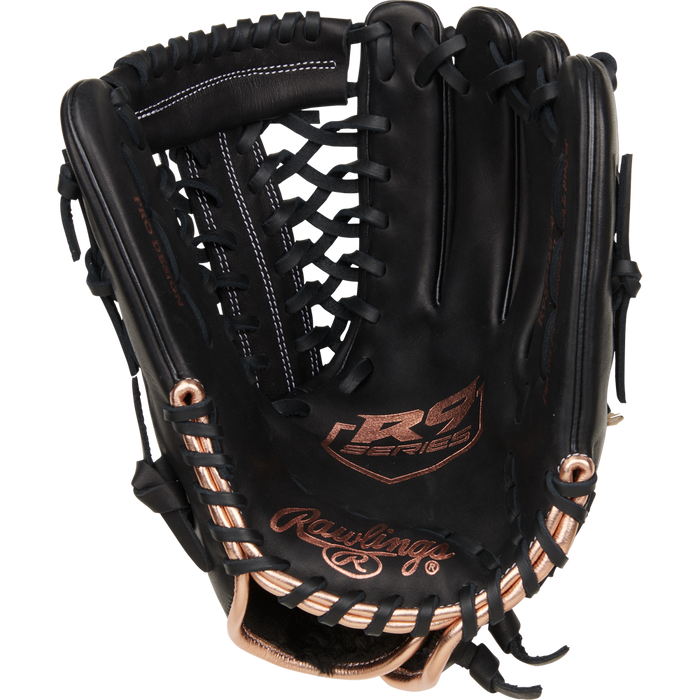 The Rawlings R9 12" Fastpitch Glove (R9SB120-4B) features a black full-grain leather shell with tan lacing, R Series branding on the palm, detailed stitching, and sturdy webbing—ideal for infielders or pitchers.