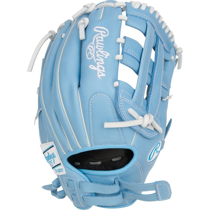 The Rawlings R9 12" Fastpitch Glove (R9SB120-6CB) features light blue full-grain leather, white laces and stitching, a white Rawlings logo on the back, and a black interior pocket.