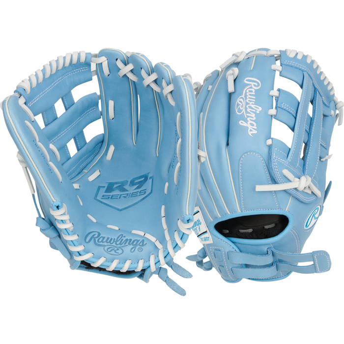A close-up of the Rawlings R9 12" Fastpitch Glove (R9SB120-6CB), made from durable full-grain leather.