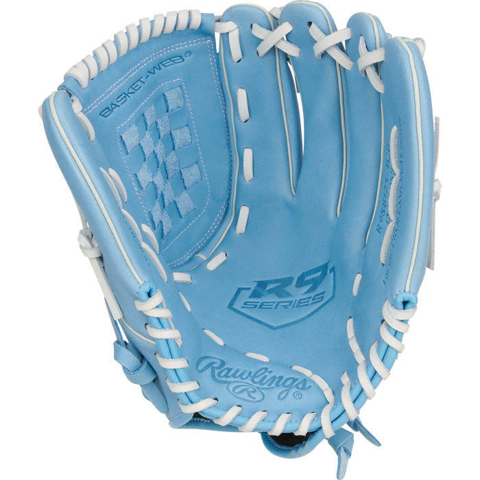A close-up of the Rawlings R9 12.5" Fastpitch Glove (R9SB125-3CB), crafted from durable full-grain leather.