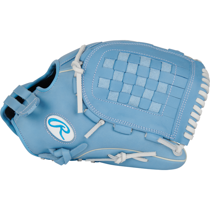 The Rawlings R9 12.5" Fastpitch Glove (R9SB125-3CB) features light blue full-grain leather, white laces and stitching, a woven pocket design, and a logo on the thumb, displayed against a plain background.