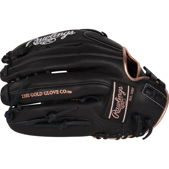 A black Rawlings R9 13" Fastpitch Glove (R9SB130-6B) with tan stitching, "THE GOLD GLOVE CO." and "Rawlings" printed on it, crafted from full-grain leather and viewed closed from the side.