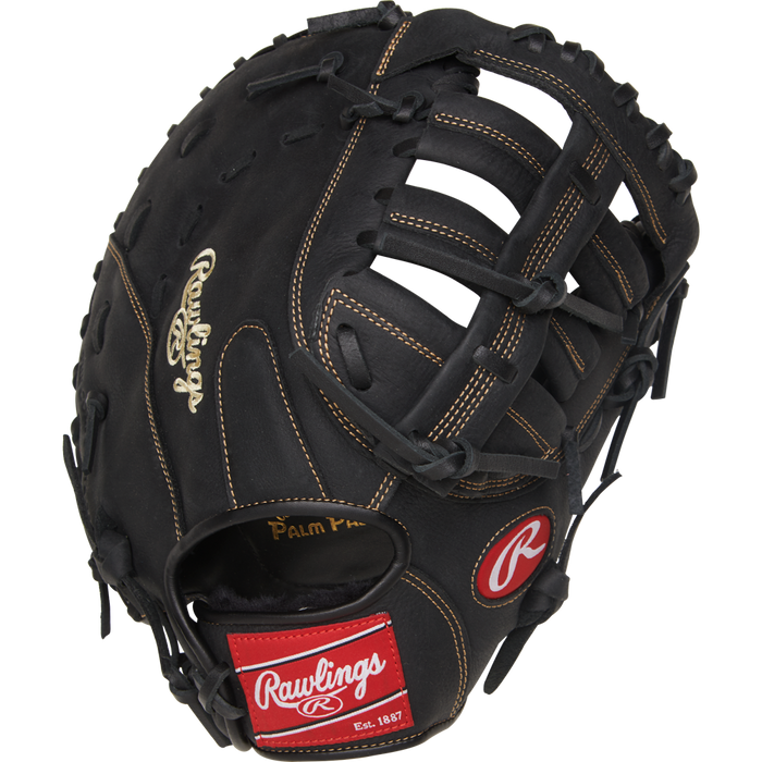 The Rawlings Renegade 12.5" Baseball First Base Mitt (RFBMB) features black leather, tan stitching and laces, a red-and-white Rawlings logo by the wrist, and gold "Palm Pad" embossing—a game-ready glove for serious players.