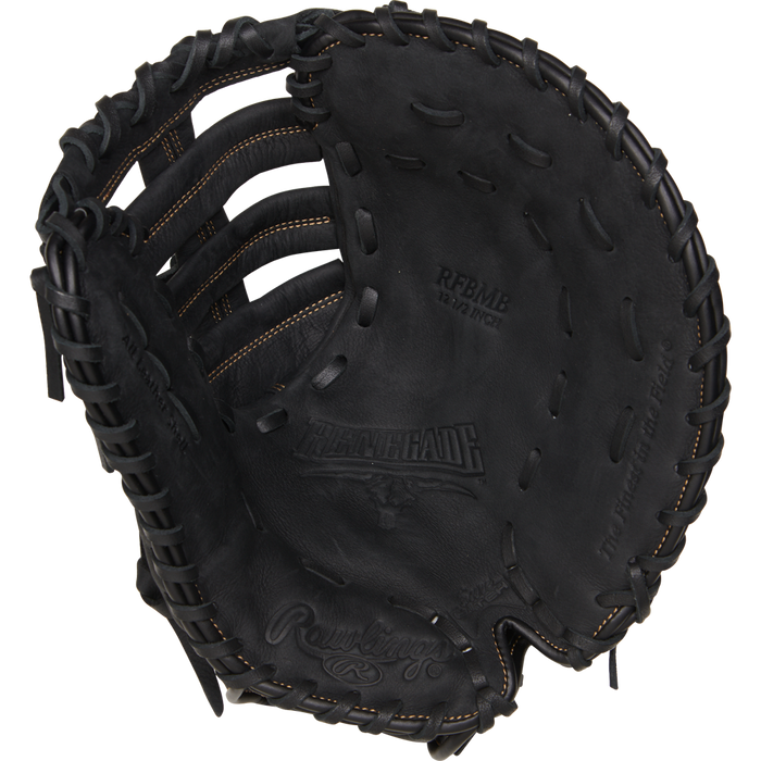 The Rawlings Renegade 12.5" Baseball First Base Mitt (RFBMB) features black leather, visible stitching, embossed brand details, a deep pocket, and wide webbing for confident catches.