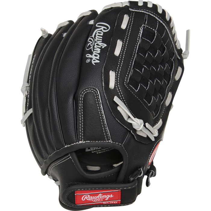The Rawlings RSB 12" Slowpitch Glove (RSB120GB) is a black glove with white laces and stitching, plus Rawlings logos on the wrist strap and back—ideal for slow pitch softball players.