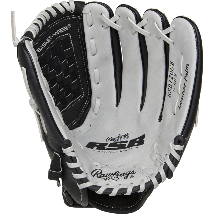 The Rawlings RSB 12" Slowpitch Glove (RSB120GB) features a black and white design, visible stitching, "Leather Palm" printed inside, and a woven basket web—ideal for slow pitch softball.