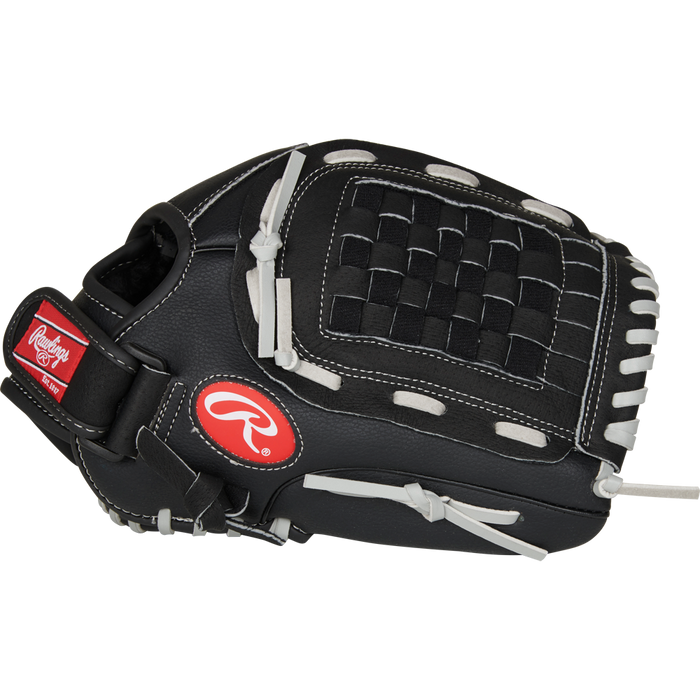 The Rawlings RSB 12" Slowpitch Glove (RSB120GB) is a black glove with white stitching, woven web, and red Rawlings logo on the thumb—perfect for slow pitch softball.