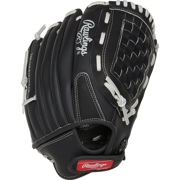 The Rawlings RSB 12.5" Slowpitch Glove (RSB125GB) features a black design with white stitching, Basket-Web pattern, visible logo on the back, and red Rawlings patch—ideal for slow pitch softball.