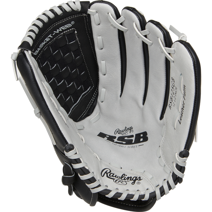 A close-up of the Rawlings RSB 12.5" Slowpitch Glove (RSB125GB) in black and white, showcasing the Basket-Web design, detailed stitching, and iconic Rawlings logo—a quality choice for slow pitch softball players seeking style.