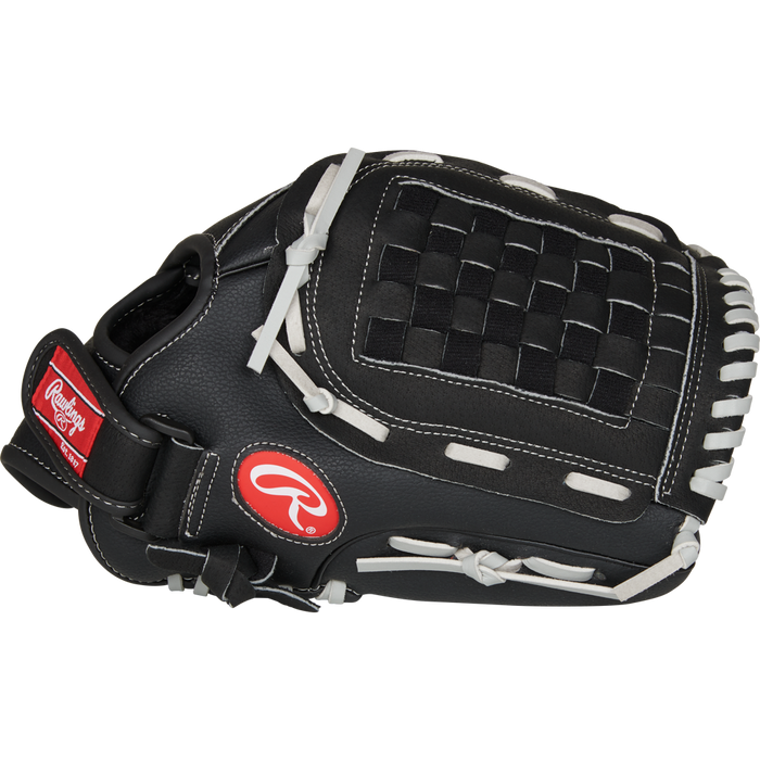 The Rawlings RSB 12.5" Slowpitch Glove (RSB125GB) is black with white laces, a Basket-Web pattern, and a red Rawlings logo patch on the wrist strap.