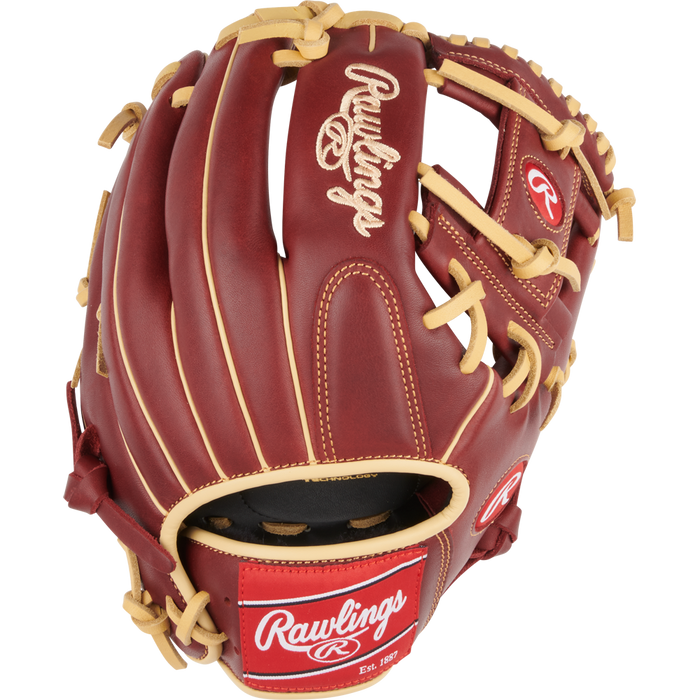 The Rawlings Sandlot 11.5" Baseball Glove: S1150IS features a brown oiled leather build, tan laces, red Rawlings logos on the wrist strap and thumb, open web design, visible stitching, and is ideal for infield play.