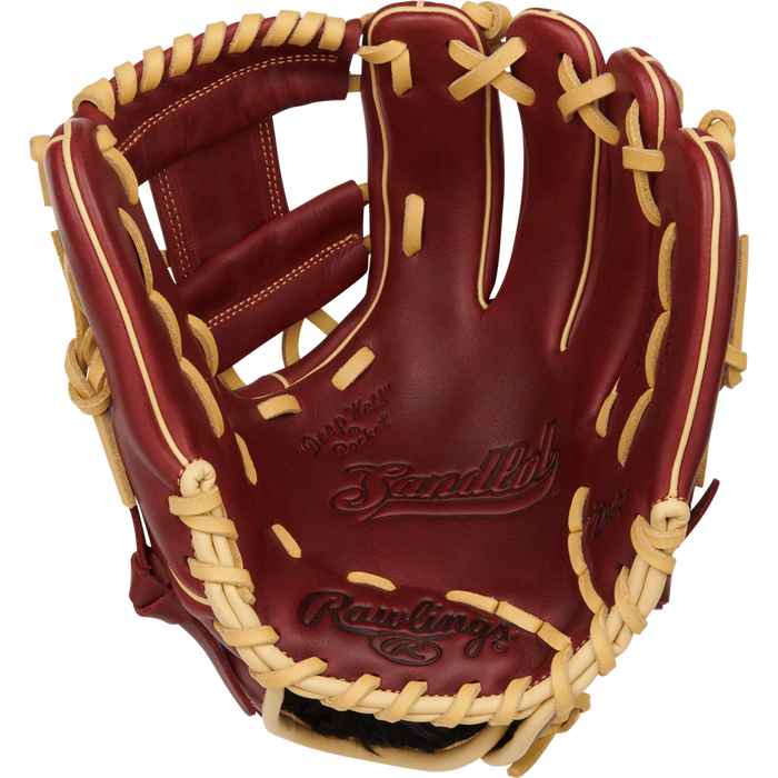 The Rawlings Sandlot 11.5" Baseball Glove (S1150IS) features a brown and tan design with visible stitching and embossed Rawlings logos, shown open with the palm facing up.