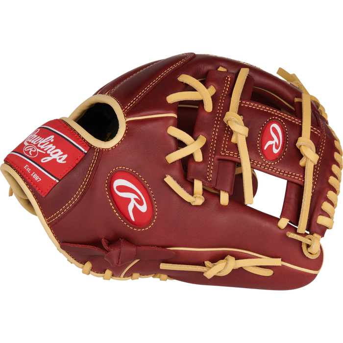 The Rawlings Sandlot 11.5" Baseball Glove (S1150IS) features brown, oiled leather, tan laces, and red Rawlings logos. This new infield glove offers durable performance and is pictured on a white background.