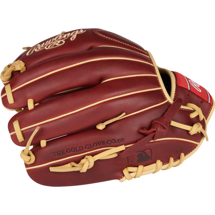 A maroon and tan Rawlings Sandlot 11.5" Baseball Glove (S1150IS) with "THE GOLD GLOVE CO." and MLB logo embossed on oiled leather, shown against a plain white background.