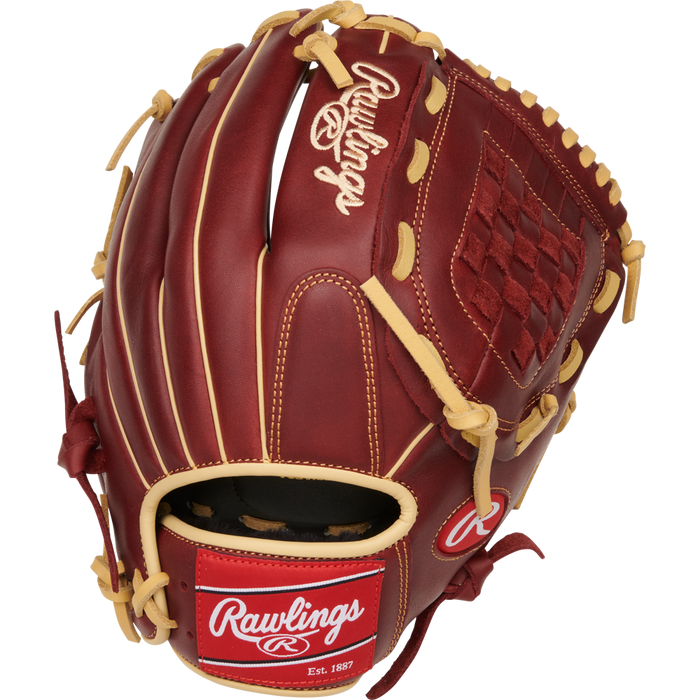 The Rawlings Sandlot 12" Baseball Glove (S1200BSH) is a brown glove with tan laces, a woven web pocket, and features the Rawlings logo on both the wrist strap and top.