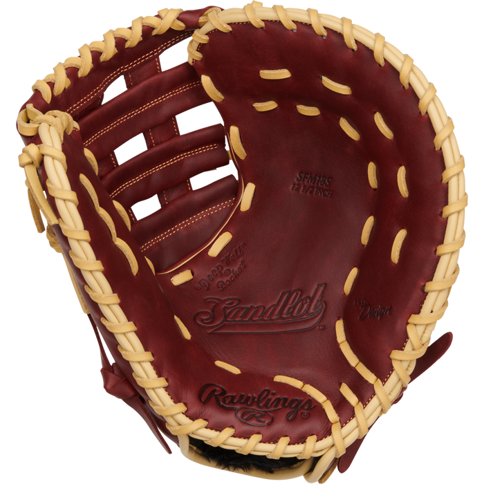 A close-up of an open Rawlings Sandlot 12.5" Baseball First Base Mitt (SFM18S) shows visible stitching and "Sandlot" and "Rawlings" engraved on the tan leather.