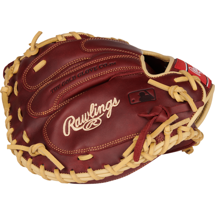 A Rawlings Sandlot 33" Baseball Catcher's Mitt (SCM33SS) in brown and tan, featuring “Rawlings” and “The Gold Glove Co.” embroidery on oiled leather, plus detailed stitching and lacing.