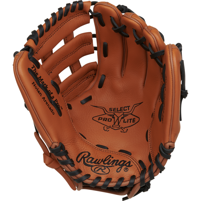 The Rawlings Select Pro Lite 11" Nolan Arenado Baseball Glove (RSPL110NA) is tan with black laces, features Nolan Arenado’s signature, Select Pro Lite branding, and the Rawlings logo on the palm, pictured on a white background.
