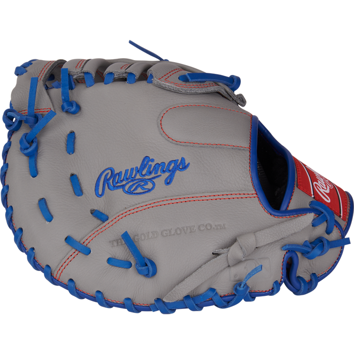 A gray Rawlings Select Pro Lite 11.5" Freddie Freeman First Base Mitt (SPL115FF) with blue laces, red stitching, the Rawlings logo, and The Gold Glove Co. text—styled after Freddie Freeman’s glove.