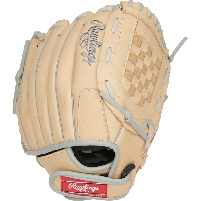 A tan Rawlings Sure Catch 10.5" Carlos Correa youth baseball glove (SC105CC) with gray laces, woven pocket, and red Rawlings logo patches is pictured on a white background.