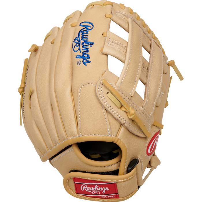 A tan Rawlings Sure Catch 10.5" Kris Bryant Youth Baseball Glove (SC105KB) with blue/red logos, detailed lacing, and a webbed pocket is shown from above on a plain white background.