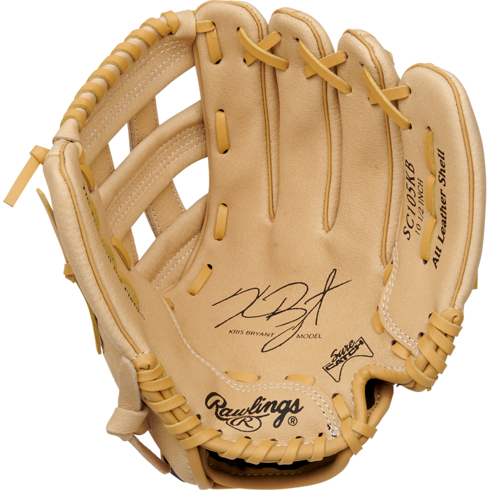 The tan Rawlings Sure Catch 10.5" Kris Bryant Youth Baseball Glove (SC105KB) features visible stitching, an open web, and black printed “Kris Bryant Signature Model” and “All Leather Shell” text on the inner palm.