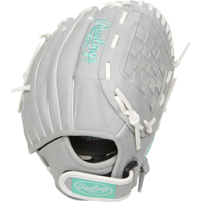 The Rawlings Sure Catch 11" Fastpitch Glove (SCSB110M) features light gray color, white laces, teal accents, a woven web pocket, and the Rawlings logo—ideal for youth softball.