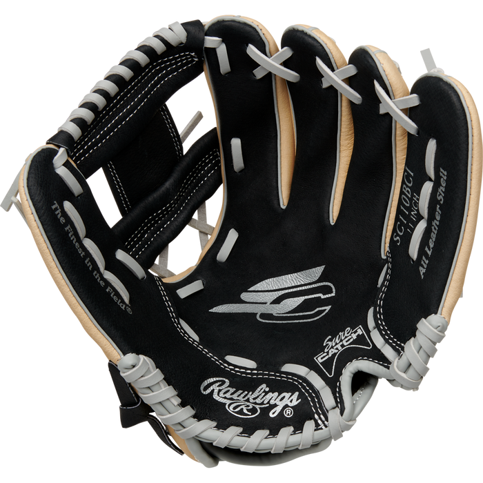A Rawlings Sure Catch 11" Youth Baseball Glove (SC110BCI) in black and tan with white laces and logo details is displayed fully open against a plain white background.