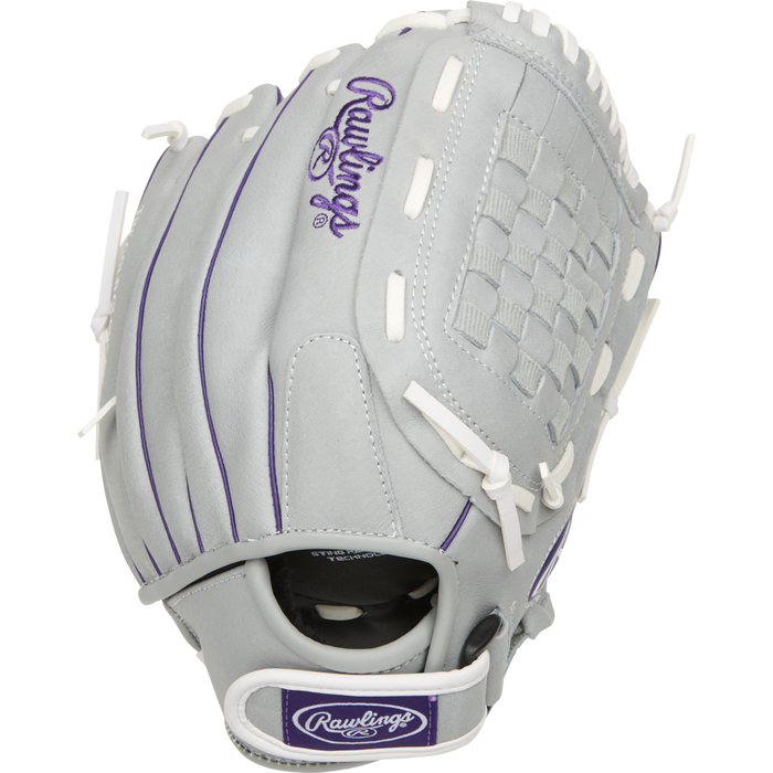 The Rawlings Sure Catch 12" Fastpitch Glove (SCSB12PU) is a gray youth softball glove with white laces and purple accents, featuring the Rawlings logo on the back and wrist strap and bold basket webbing against a white background.