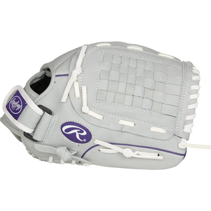 The Rawlings Sure Catch 12" Fastpitch Glove (SCSB12PU) is a light gray youth softball glove with white laces, purple accents, a basket web, and the Rawlings logo on the wrist strap and back.