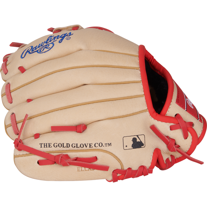 A tan Rawlings Sure Catch 9.5" Jeremy Pena youth baseball glove (SC950JP) with red lacing, featuring THE GOLD GLOVE CO. and MLB logo printed on the side.