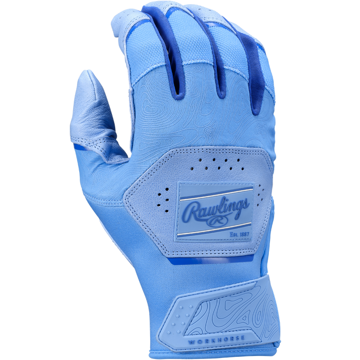 A pair of light blue Rawlings Workhorse Adult Batting Gloves (WH25BG) shown from the back, featuring textured patterns, ventilation holes, and a prominent Rawlings logo patch. Made with durable Oitac leather for a premium feel.