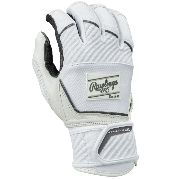 The Rawlings Workhorse OKC Women's Batting Gloves (WHOKCCFPBG) feature a Velcro compression strap, black accents, and the Rawlings logo along with “WORKHORSE 2.0 C” text on the wrist area.
