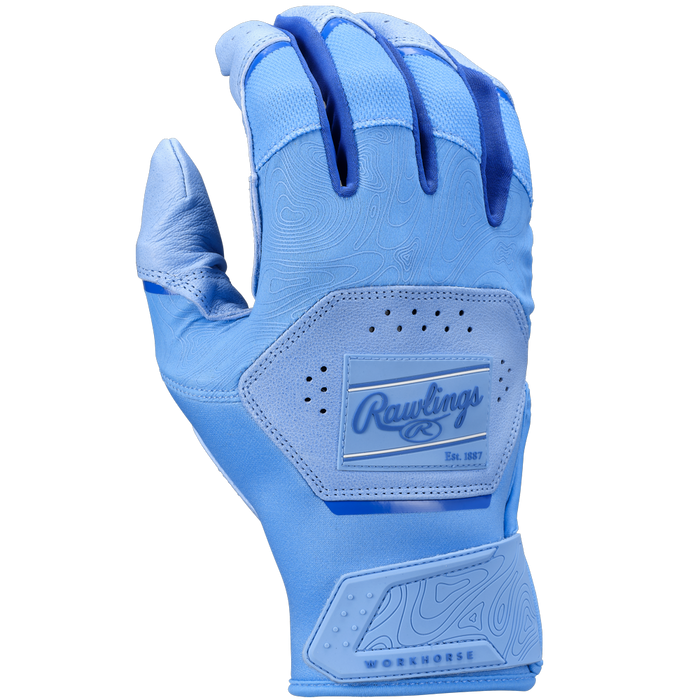 The Rawlings Workhorse Youth Batting Gloves (WH25YBG) feature textured patterns, vent holes, flexible joints, reinforced stitching, and the iconic Rawlings logo for lasting durability and comfort.