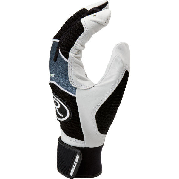A pair of Rawlings Workhorse Youth Batting Gloves (WH950BGY) in black, white, and gray with a Velcro wrist strap and the Rawlings logo, shown upright with fingers slightly curved.