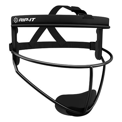 The Rip It Defense Pro Softball Fielder's Mask: DGBO by Rip It features a black metal wire frame and adjustable straps, offering maximum protection for the face, nose, and mouth during softball games.