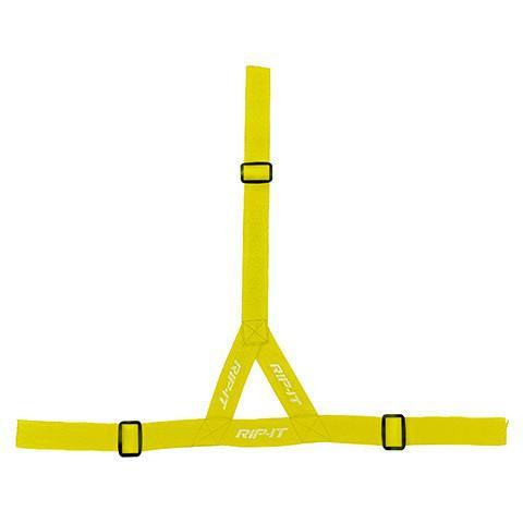The Rip It Ponytail Strap for Defense Softball Fielder's Mask (DGSTRAP) has a bright yellow, adjustable design with three straps and black buckles, featuring the Rip It logo—perfect for adding style and security to your mask or ponytail.