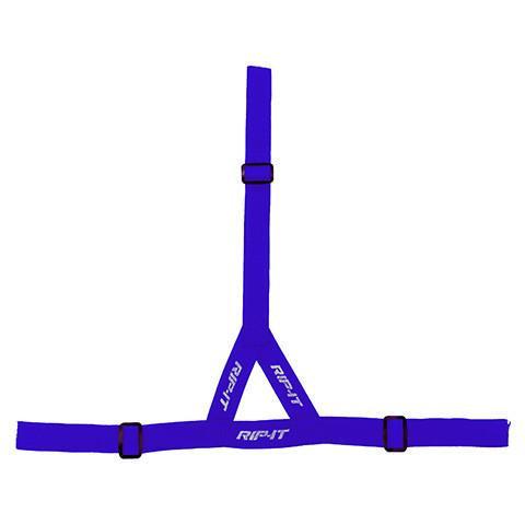 The Rip It Ponytail Strap for Defense Softball Fielder's Mask (DGSTRAP) is a blue adjustable nylon harness with three T-shaped straps and "RIP-IT" in white—ideal as a comfortable softball mask or ponytail strap.