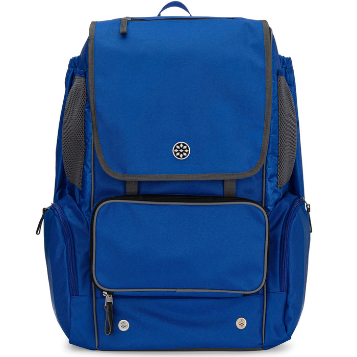 The Rip It Softball Tournament 2 Backpack (2TOURN) by Rip It is a blue, customizable gear bag with a large front flap, circular logo, zippered pocket, mesh side pockets, black trim, and vent holes for great ventilation.