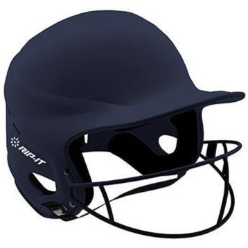 The Rip It Vision Pro Matte Fastpitch Softball Batting Helmet with Mask (VIS) features a matte black finish, a faceguard, and the white Rip It logo—ideal for players seeking top protection and style on the field.
