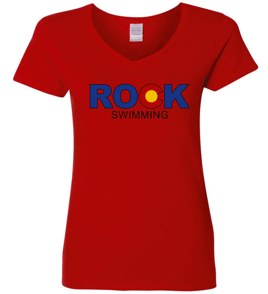 ROCK Swimming V-Neck Ladies Tee- 5 colors- Matte or Glitter