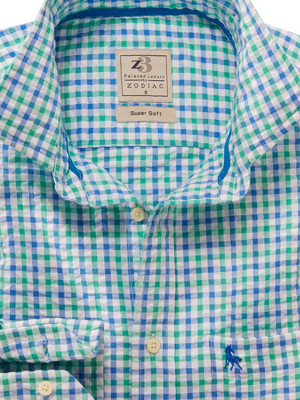 Ronaldo Seersucker Sea Green Check Full Sleeve Tailored Fit Casual Cotton Shirt