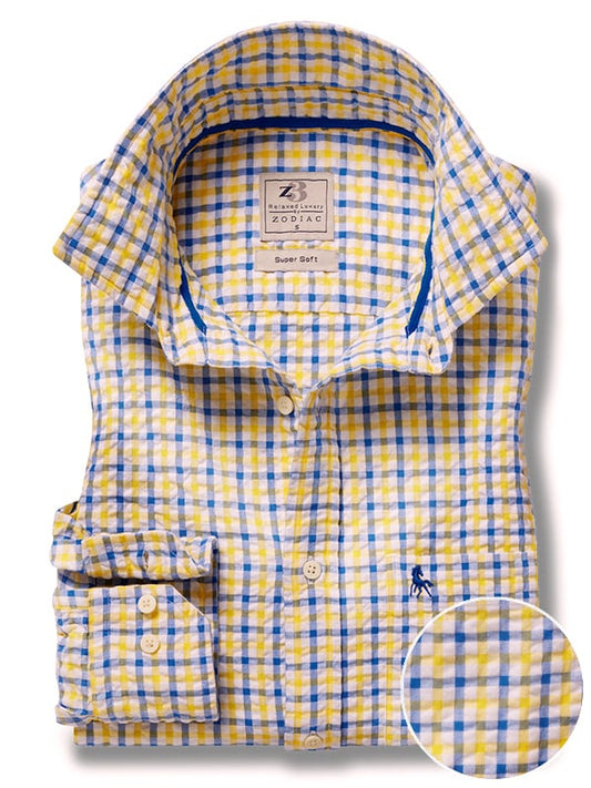 Ronaldo Seersucker Yellow Check Full Sleeve Tailored Fit Casual Cotton Shirt