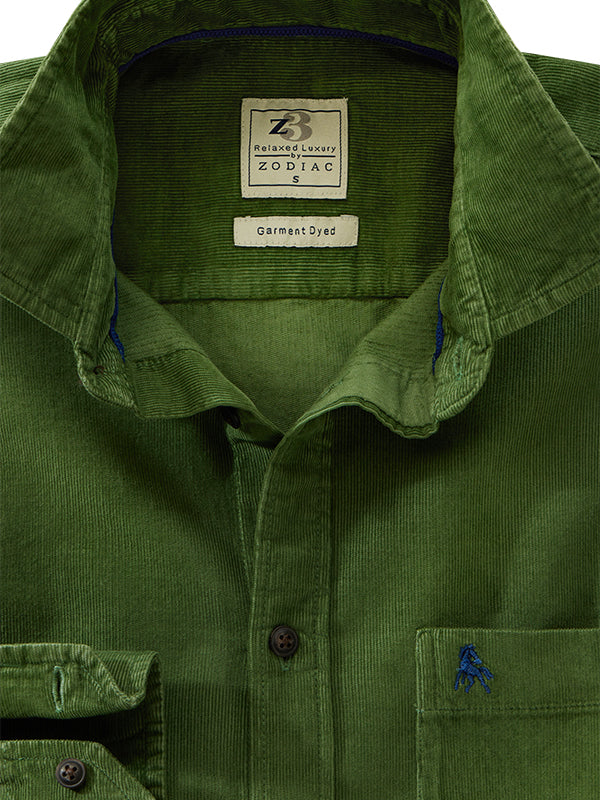 Rooney Corduroy Garment Dyed Green Full Sleeve Tailored Fit Casual Cotton Shirt