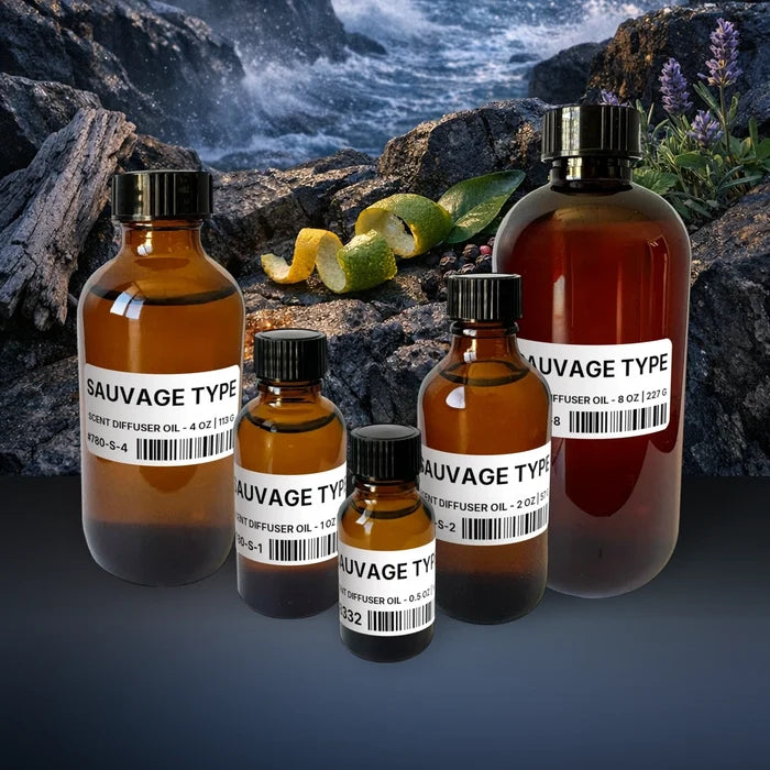 Sauvage Type Scent Diffuser Oil - 1 lb | 454 g fragrance bottle image with atmospheric background for Scent Diffuser Oil. Premium lifestyle product photo for fragrance listing.