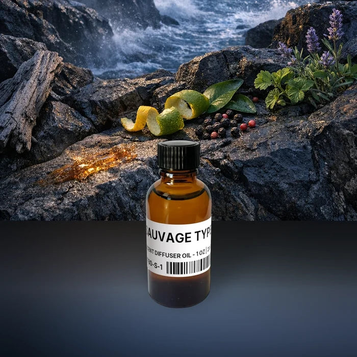 Sauvage Type Scent Diffuser Oil - 1 oz | 28 g fragrance bottle image with atmospheric background for Scent Diffuser Oil. Premium lifestyle product photo for fragrance listing.