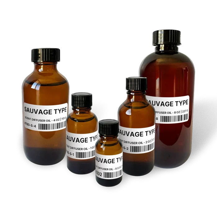 Sauvage Type Scent Diffuser Oil - 4 lb | 1.81 kg bottle image for Scent Diffuser Oil 4 lb. Composite bottle lineup showing 0.5 oz, 1 oz, 2 oz, 4 oz, and 8 oz sizes.