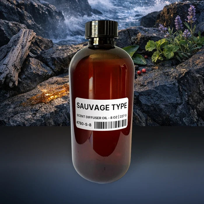 Sauvage Type Scent Diffuser Oil - 8 oz | 227 g fragrance bottle image with atmospheric background for Scent Diffuser Oil. Premium lifestyle product photo for fragrance listing.